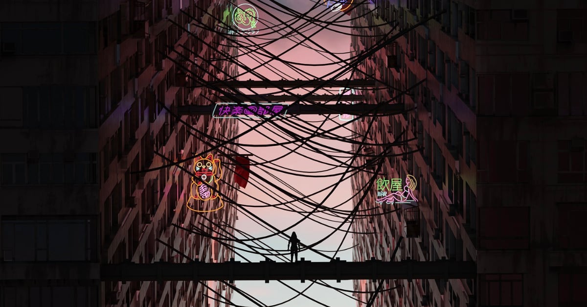 A man stands in a cyberpunk city, looking up at the connections above him