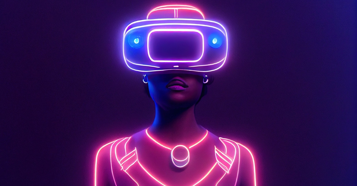 A woman wearing a neon cybervisor over her eyes