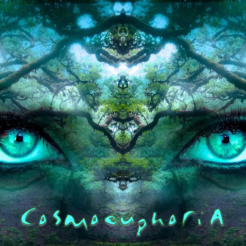 Cosmoeuphoria show art. A pair of eyes blended with a forested scene.